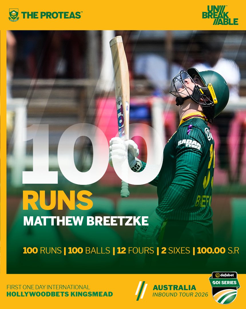 ProteasMenCSA's tweet photo. BREETZKE! TAKE A BOW! 💯👏

Matthew Breetzke brings up a magnificent century for #TheProteas! 🇿🇦🏏

A massive moment. A brilliant innings 💪

#Unbreakable https://t.co/ofuTd3Wy6E