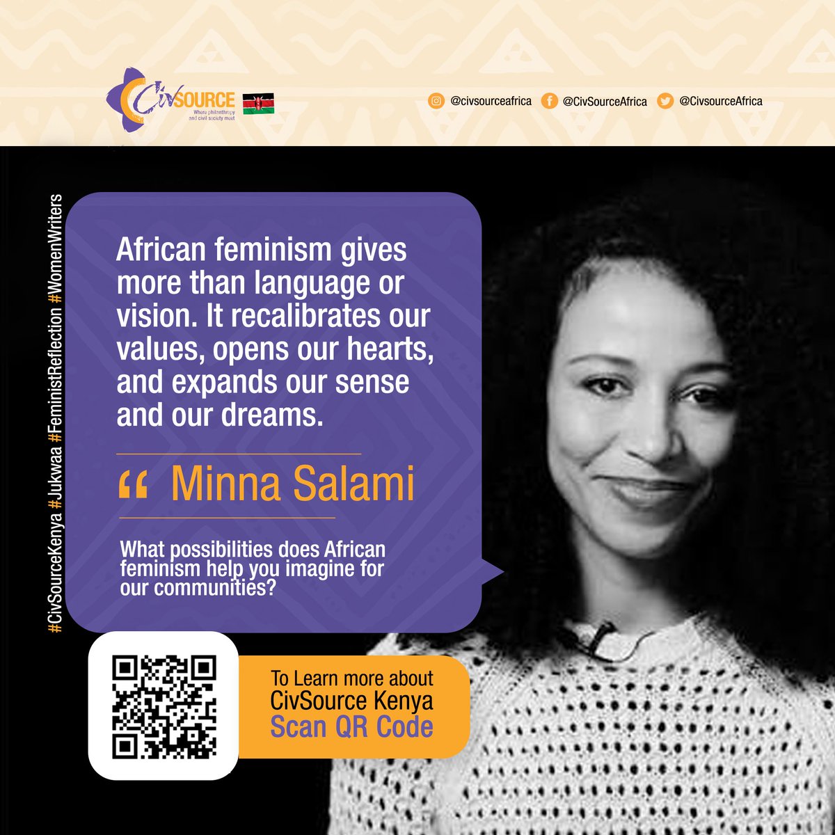 Civsource_Kenya's tweet photo. 🇰🇪 Jukwaa!

🌍 African Feminist Voices

✍🏾 “African feminism gives more than language or vision. It recalibrates our values, opens our hearts, and expands our sense and our dreams.” — Minna Salami

#CivSourceKenya #Jukwaa #AfricanFeminism https://t.co/zjw9oDvu3m