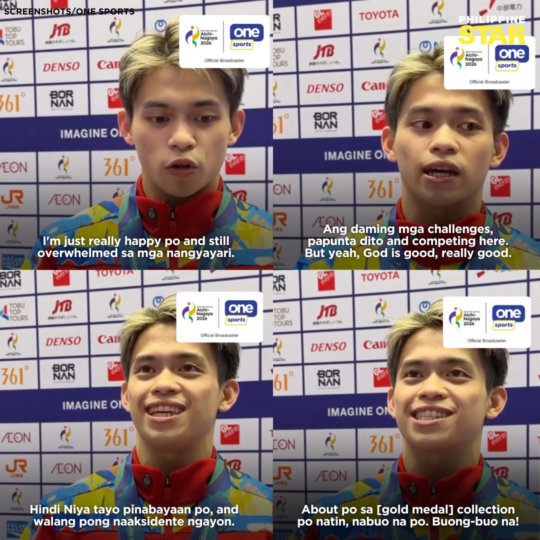 PhilippineStar's tweet photo. CALOY COMPLETES HIS GOLDEN COLLECTION! 🥇

Carlos Yulo took pride in completing his gold-medal collection after winning his first Asian Games gold in the men’s floor exercise at this year’s edition in Japan on Thursday.

“Buong buo na! So I'm just really happy and grateful po talaga,” Yulo said in an interview after the competition.

Yulo now boasts a haul of gold medals from the Olympics, World Championships, Asian Championships, Southeast Asian Games, World Cup, and Asian Games.