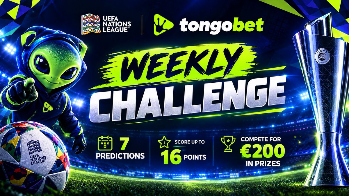 TongoBet's tweet photo. 🏆 UEFA NATIONS LEAGUE — TONGOBET WEEKLY CHALLENGE

Think you know international football? 
⚽️Prove it.

Make 7 predictions, score up to 16 points and compete for €200 in prizes.

🎯 YOUR 7 PREDICTIONS

1️⃣ ⚽ Total Goals — 3 pts
How many goals will be scored across the 8 selected matches?
Example: 23 goals

2️⃣ 👑 Top Scorer — 2 pts
Which of our 7 selected stars will score the most goals?
Example: Mbappé

3️⃣ ⭐ Star Goals — 3 pts
How many goals will our 7 selected stars score combined?
Example: 8 goals

4️⃣ 💥 Biggest Win — 2 pts
Which team will win by the biggest margin?
Example: France 3–0 Türkiye

5️⃣ 🚀 Goal Fest — 2 pts
Which match will produce the most goals?
Example: Portugal vs Wales

6️⃣ 🔥 Top-Scoring Team — 2 pts
Which team will score the most goals?
Example: Portugal — 6 goals

7️⃣ 🧤 Clean Sheets — 2 pts
How many of the 8 selected matches will end with a clean sheet?
Example: 3 clean sheets

🏆 MAXIMUM: 16 POINTS
💰 PRIZE POOL: €200

🥇 16 pts — €75
🥈 15 pts — €50
🥉 14 pts — €25
🎁 5 × random winners with 10–13 pts — €10 each
👇 HOW TO ENTER

Follow @TongoBet
Like & Repost

Post your 7 predictions in ONE comment
Have an eligible TongoBet account to claim a prize

⏰ Predictions close before the first selected Matchday 1 match kicks off.

Think you can beat the crowd?
Make your picks. Score your points. Own Matchday. 🏆