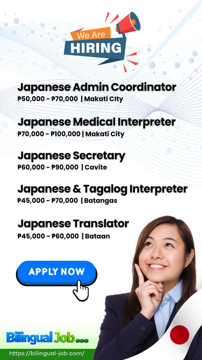 BilingualJob_'s tweet photo. 📢 We Are Hiring! Japanese Bilinguals! 🇯🇵

How to Apply:
Ready to join our growing team? Visit our website or send your applications through https://t.co/HzshnvYy7S!

#BilingualJobPortal #JapaneseBilingual #BilingualJobs  #JobOpening #Japanese #language https://t.co/ml9XEeNdpB