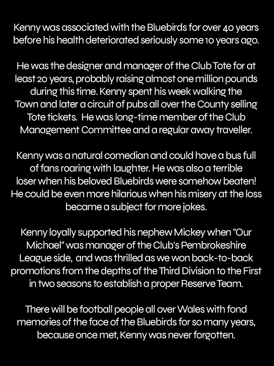 HaverfordwestFC's tweet photo. Haverfordwest County AFC is in mourning following the sad news of the passing of Life Member, Kenny Ellis, at Withybush Hospital yesterday.

Kenny's good friend and fellow club legend, Barry Vaughan, has written the following tribute.

Rest in peace, Kenny, and thank you 💙 https://t.co/sRVtYbR3bh