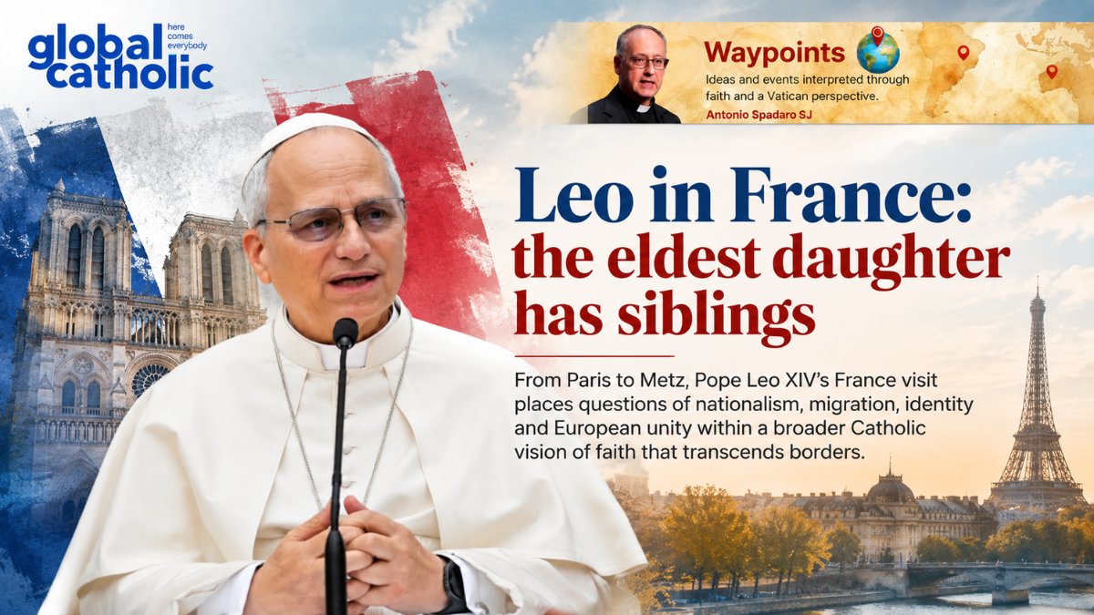 GlobalCatholic_'s tweet photo. In his latest #Waypoint, @antoniospadaro  pushes back on reading #PopeLeo's #France trip as electoral. He argues that Leo speaks to conscience, not politics, telling French Catholics tempted by nationalism that roots are good but walls aren't and that a #Christianity without Christ is just a bell tower without a bell.

Read more: https://t.co/GG9kYSo8Zz