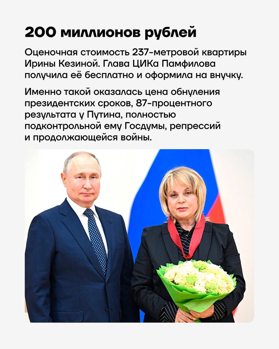 teamnavalny's tweet photo. Вот уже больше 10 лет Элла Памфилова обеспечивает Путину и «Единой России» нужные результаты выборов, а также публично отстаивает их якобы «честность» и «прозрачность».

За эту работу она получила вполне конкретную награду: квартиру в элитном доме за 200 млн рублей. https://t.co/dIZyLlSLG7