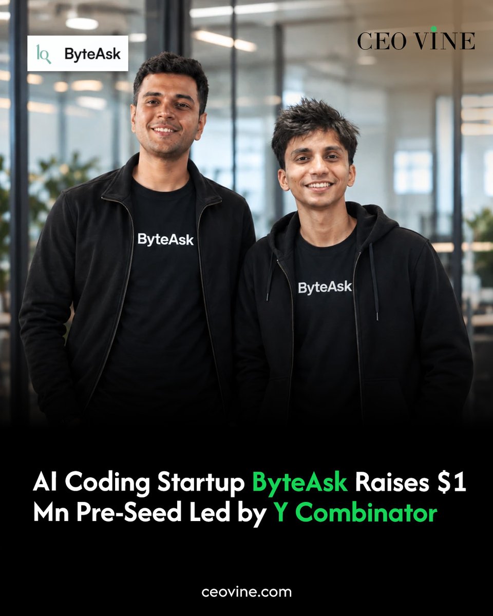 CeoVine's tweet photo. San Francisco-based AI coding startup @ByteAsk has raised $1 million in pre-seed funding in a round led by Y Combinator, with participation from other.
Read more: https://t.co/oe1NDVoS6B
#ByteAsk #YC #YCombinator #EntrepreneurFirst #AI #AICoding #CodingAgents #CEOVINE https://t.co/Krf6EiCoPA