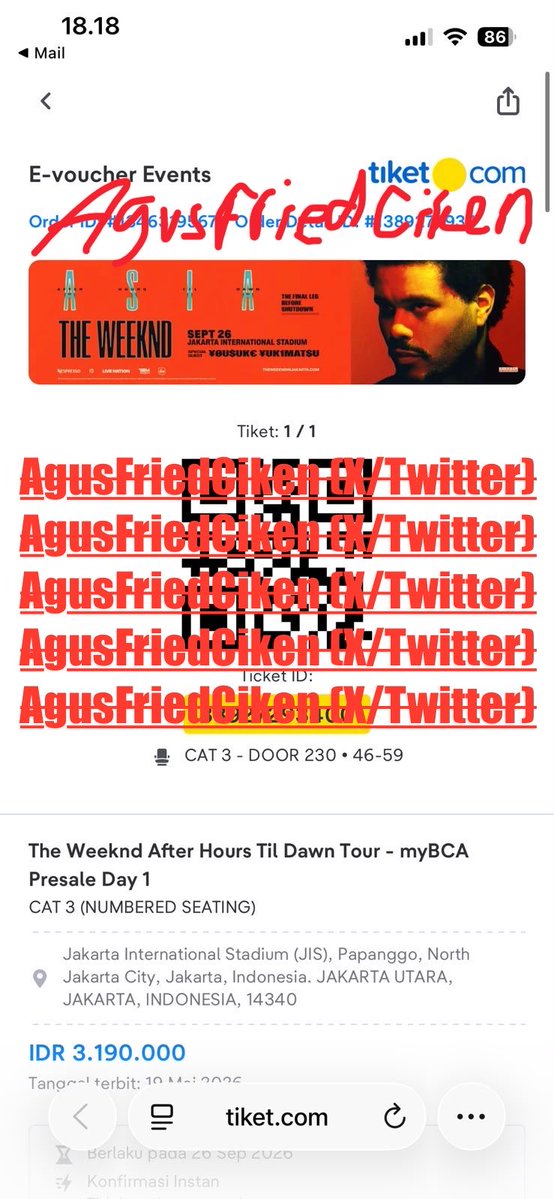 AgusFriedCiken's tweet photo. WTS want to sell THE WEEKND JAKARTA DAY 1

🎟️ 1 TIX
📅 Sabtu, 26 Sept 2026
💺 CAT 3 - DOOR 230
💰 Harga NEGO underprice

- Milik pribadi (punya kakakku)
- Jaminan mutualan sosmed/LinkedIn
- Belum jadi wristband, dikasih surat kuasa

t. jual wtt wtb #zonauang #bealanja https://t.co/p88Ds3wIv7