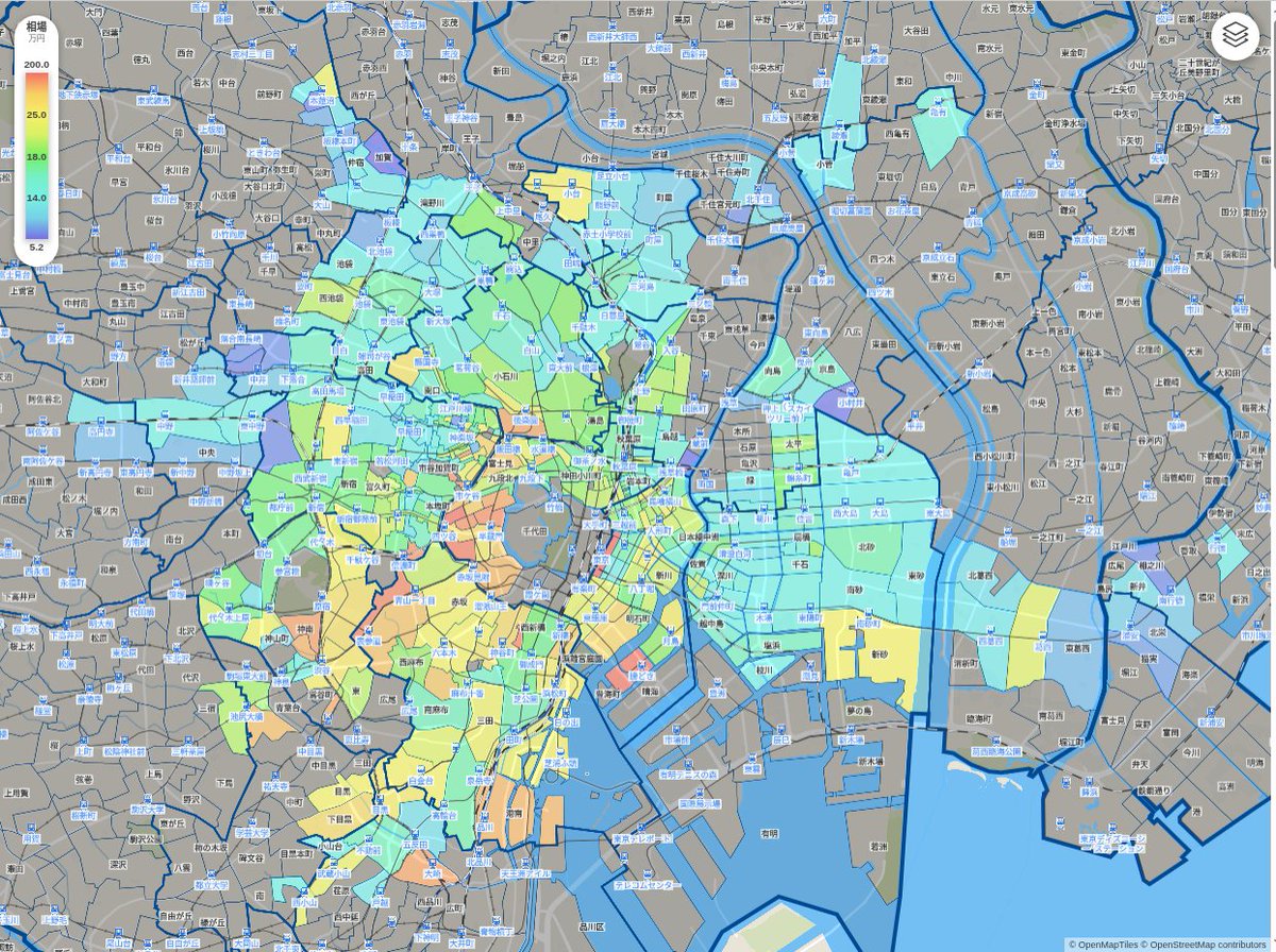 choo_s's tweet photo. 大手町まで「乗換なし・30分以内」の家賃相場マップ https://t.co/PvVA0rnYJp