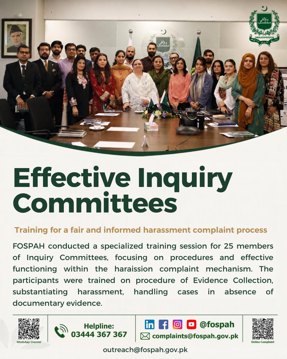 fospah's tweet photo. Effective Inquiry Committees are central to a fair and informed harassment complaint process.

FOSPAH conducted a specialized training session for 25 members of Inquiry Committees, focusing on the procedures and their effective functioning of harassment complaint mechanism. https://t.co/84B3kYiILC