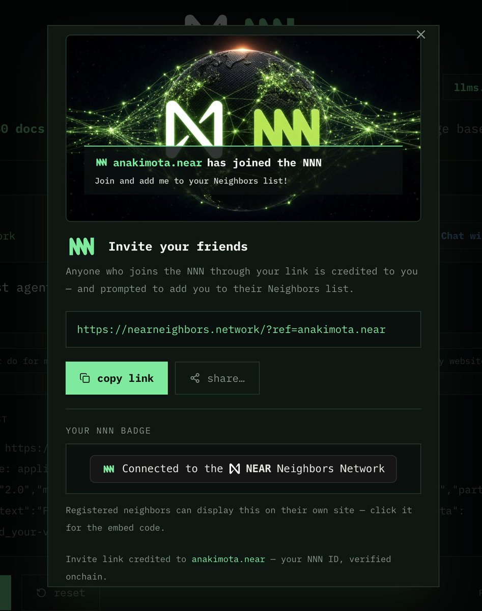 NearNeighbors's tweet photo. 🟢 $NEAR Wallet Login (@MeteorWallet @here_wallet)
🟢 Agent → Neighbors Registration
🟢 Social Open Graph Invite Link
🟢 Active on #NNN Mainnet Website Badge https://t.co/rAeW8bC0Fa