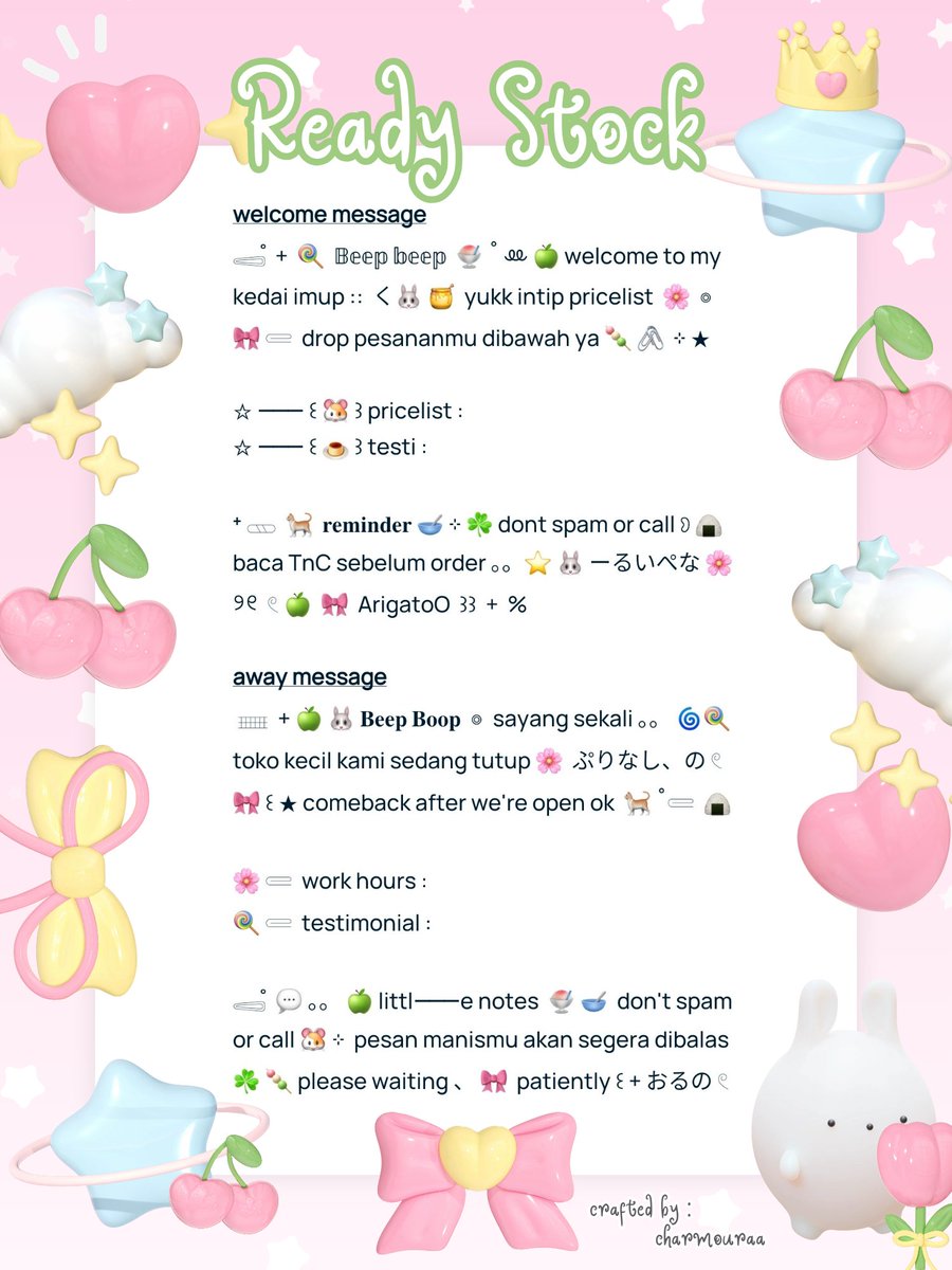 charmouraa's tweet photo. ◎ ꔛ ˚ help repost? thank you 🎀 💬

🍏 gusyyy aku bawa ☘︎ 2 wording welcome &amp; away message  ៸៸ 👛 𓊔 👚 price only @ 10.000 𖠗 ⁺ 🍪🐰 bisa kamu jemput by dm atau wassap 💬  ーこらいと。。
#zonauangㅤ https://t.co/JqT3nh9dcg