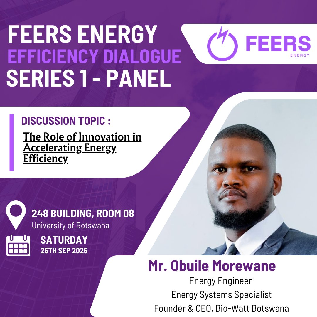 feers_system's tweet photo. MEET OUR PANELIST | SERIES II

Mr. Obuile Morewane, Founder &amp; CEO of Bio-Watt Botswana, joins us this Saturday to share insights on renewable energy, entrepreneurship and turning innovative ideas into practical energy solutions.

#FEERSEnergy #EnergyEfficiency #SDG7 #Energy https://t.co/d6uCJFOaMz