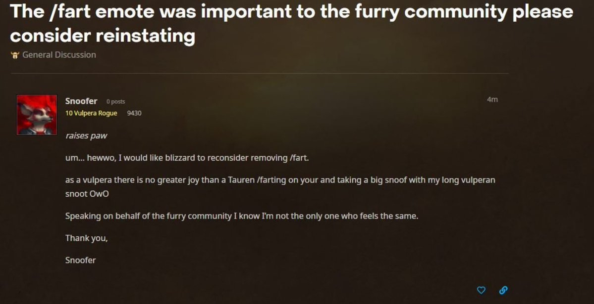 not__vee's tweet photo. I want it on record that I have more respect for this degenerate, than I have for the people that come from retail and demand WoW forever be changed and made more like retail. or that players should be censored for being offensive. https://t.co/3d80eRkvhx