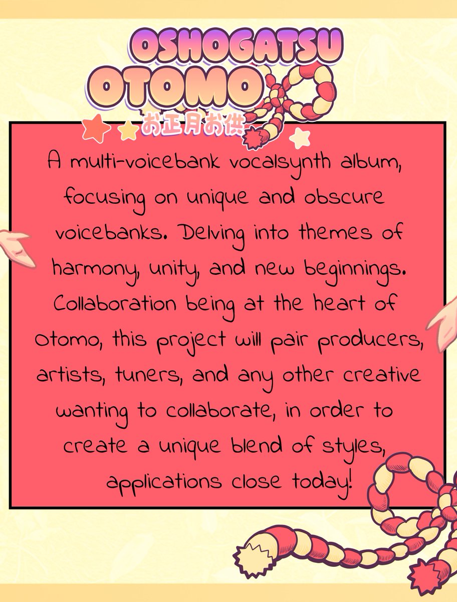 OtomoCollective's tweet photo. Only 10 hours left! Until we close the form for applications to our vocalsynth album, so whatcha waiting for, get applying, Link is below! https://t.co/2jMRRS1cWQ