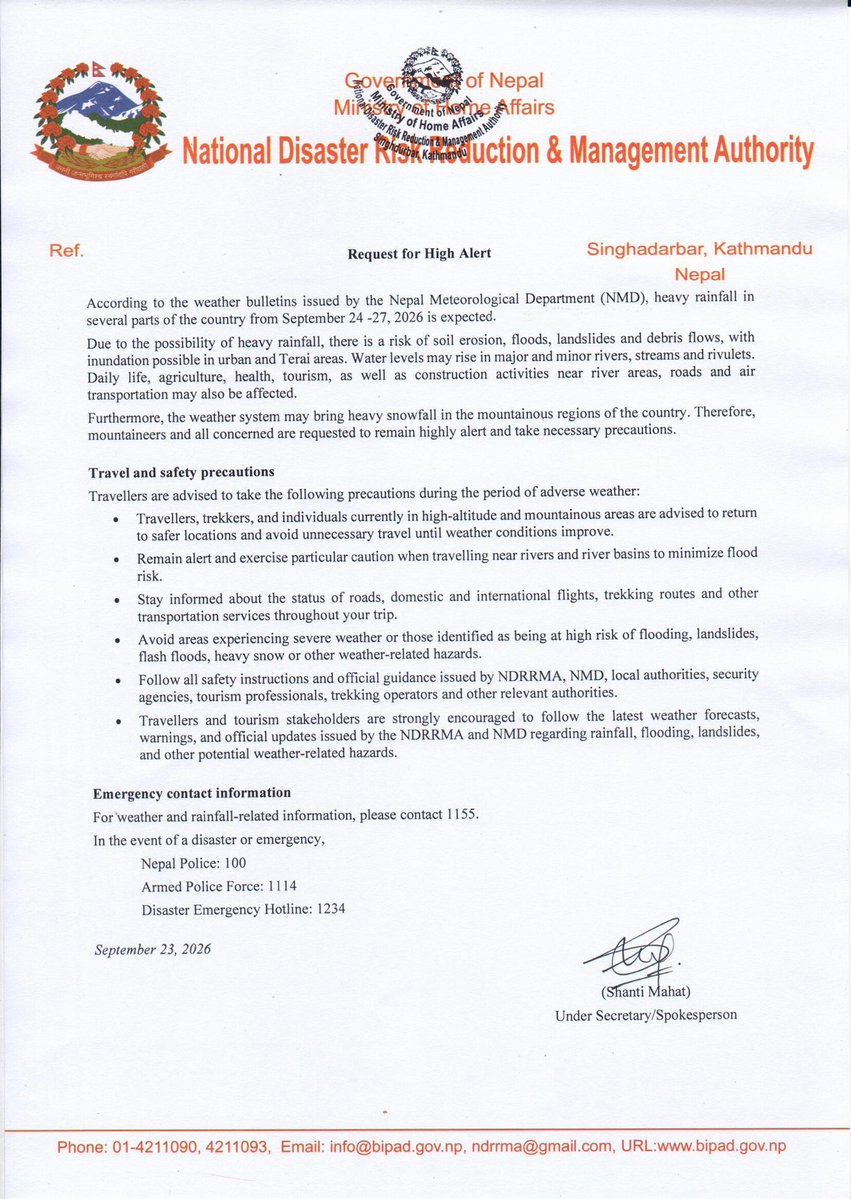 UKinNepal's tweet photo. ‼️The Nepal Meteorological Department has forecast heavy rainfall from 24 to 27 September in several parts of the country. Please exercise caution while travelling and follow travel advice @FCDOtravelGovUK on Nepal: https://t.co/lRp505WSH3

@NMD_Weather @NDRRMA_Nepal https://t.co/fALRTlsScF