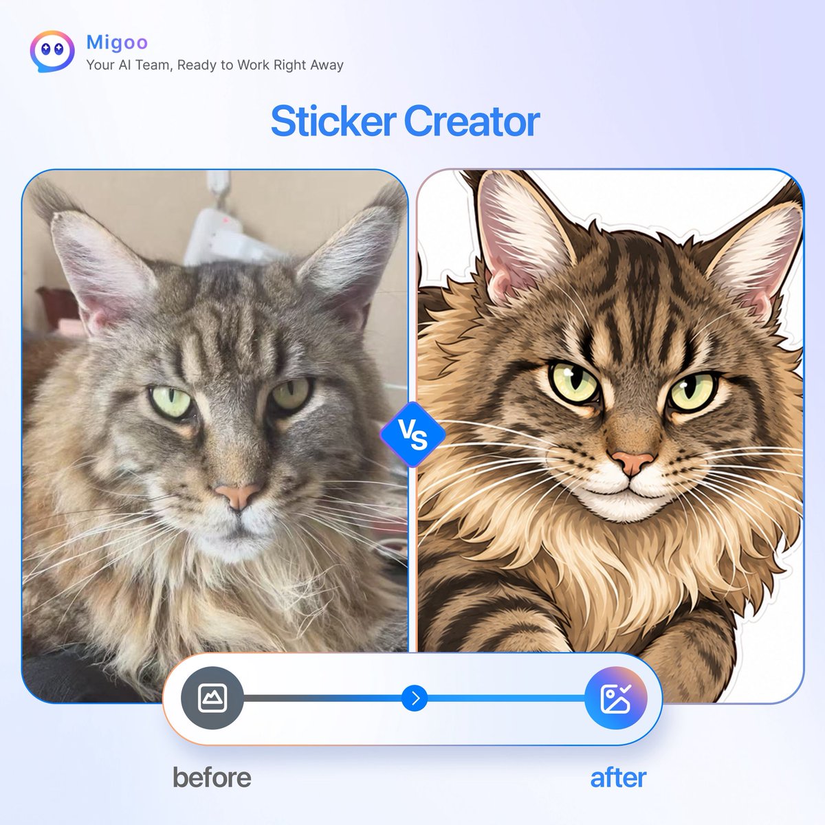 MigooAI's tweet photo. Asked Migoo to turn one cat into a six-sticker reaction pack. This is what it made.
 (Works amazing for brand mascots too! 🚀) https://t.co/Z4wZQp9FLz