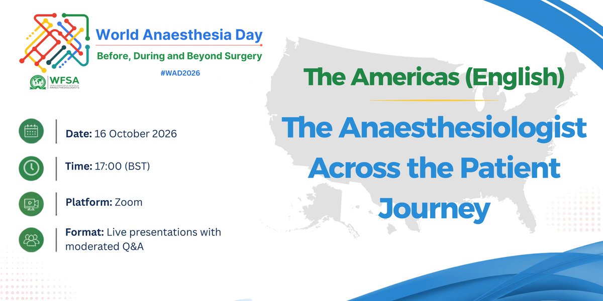 wfsaorg's tweet photo. 🌎 WAD2026 Webinar Marathon | The Americas
Join us on 16 October for the final session of our global webinar marathon:
The Anaesthesiologist Across the Patient Journey
🕛 12:00 EDT / 17:00 BST
 🌐English
 👉 Register: https://t.co/DRyJt5DtbI

A global conversation on the essential role of anaesthesiologists before, during and beyond surgery.
#WAD2026