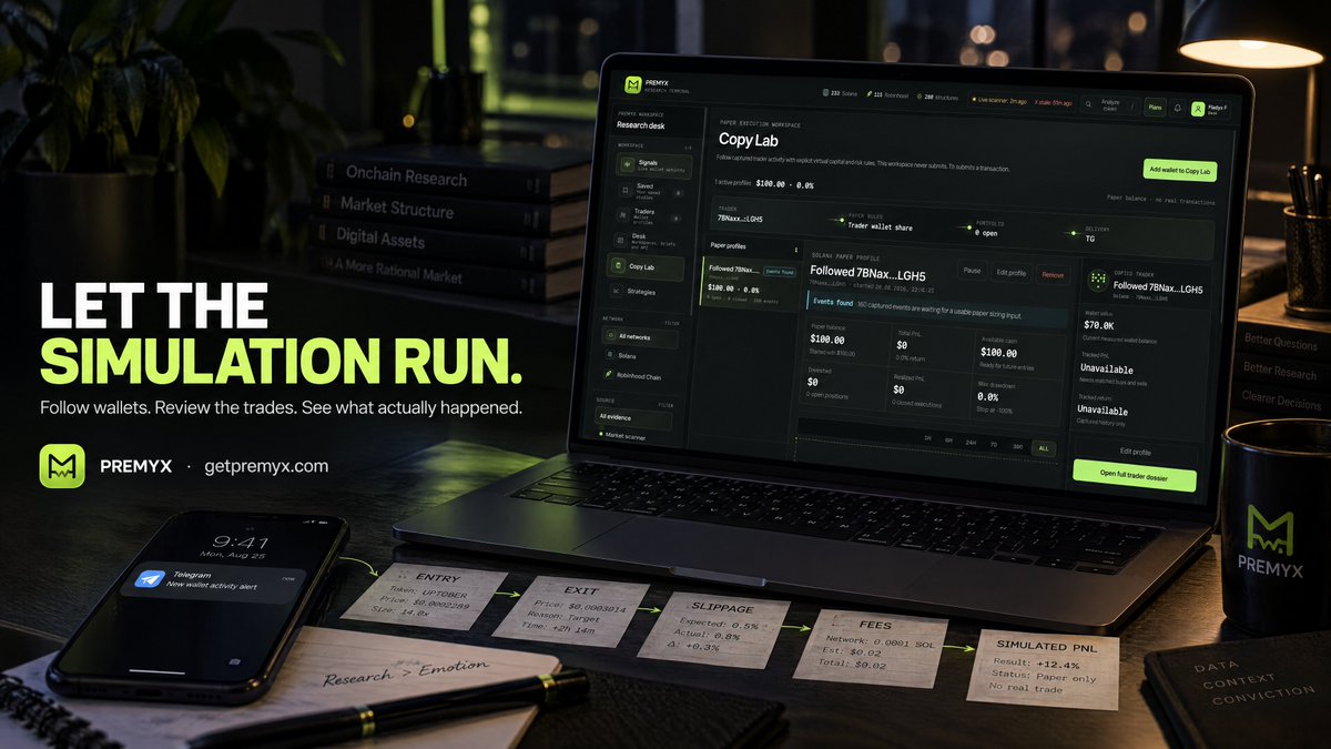 getpremyx_com's tweet photo. You can let PREMYX Paper Copy follow selected wallets 24/7 and simulate their trades as they happen. 👀
No real orders. No wallet connection.
Just a running paper simulation with the full log:
entry → exit → fees → slippage → PnL
The good trades stay visible.
The bad ones do too.
So instead of saying “I should’ve copied that,” you can actually check what would have happened. 📊

https://t.co/sCeqGDMVJh