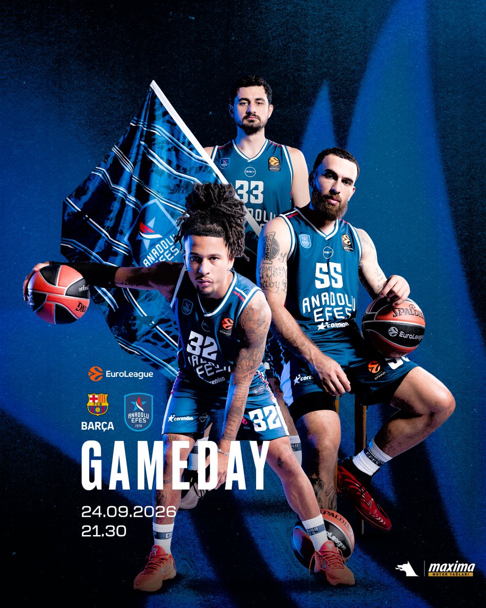 AnadoluEfesSK's tweet photo. 🏀 @EuroLeague Round 1
🆚 @FCBbasket 
🏟️ Palau Blaugrana
🕔 21.30
📺 @ssporttr 
💪 #MaximaGücünde https://t.co/HeOqEh6od5