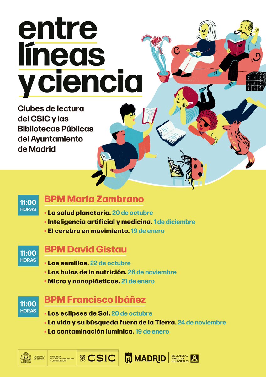 CSICdivulga's tweet photo. 📚Vuelven los clubes de lectura ‘Entre líneas y ciencia con el CSIC’. Las @bpmmadrid serán el escenario de encuentros entre lectores y personal investigador del @CSIC https://t.co/zB9bUMQ5E0 https://t.co/Fa44o3Rg5T