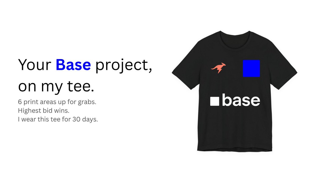 torok_tomi's tweet photo. I'm selling ad space on my Tee. BASE edition! 🟦
→ 6 print areas
→ live auction for 7 days
→ I will wear it online and offline for 30 days
→ https://t.co/2m56WV9rEI
The highest Base project bidder for each spot wins, and 10% of the profits will be used to buy the absolute highest bidder’s coin. And there is more…