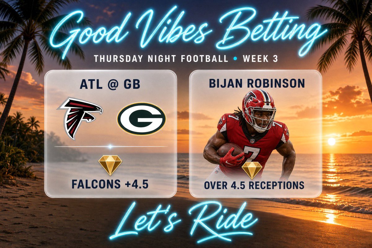 betGoodVibes's tweet photo. Thursday card.

Opened Packers -7.5 / 46.5. Sitting -4.5 / 42.5. Public is still laying Green Bay. The number walked three points the other way.
Jacobs is on the exempt list. Banks is out. The right tackle is out for the year. Reed is out. Home opener after an OT escape against the Jets.

I am not laying that.

1.  Falcons +4.5. Shop +5 / +5.5. +4.5 -105 is fine.
2.  Bijan Robinson over 4.5 receptions. Eight in Week 1. Green Bay is 2nd in yards per carry allowed. They will not give him the rush over. They will give him the dump-offs.
One unit each.

Let’s ride