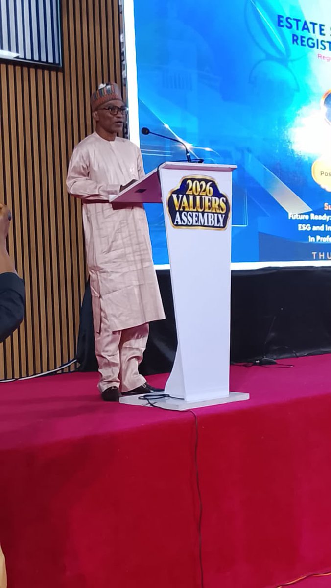 NiesvNational's tweet photo. BREAKING NEWS | 2026 ANNUAL VALUERS ASSEMBLY
The President/Chairman of Council, Nigerian Institution of Estate Surveyors and Valuers (NIESV), ESV (Mallam) Bature Ali Muhammad, PNIVS, FCIA, MIFMA, IRWA, AIMC, AMIMN, pslc addressing participants of the 2026 Valuers Assembly organized by Estate Surveyors and Valuers Registration Board of Nigeria,(ESVARBON) themed: Expanding the Frontires of Valuation: Positioning Estate Surveyors and Valuers as Strategic Partners in National Development.

The Assembly is holding today, 24 September 2026, in Abuja, with 8 Credit Point Units awarded to participants. (ESVARBON⁠)

ESV. Ayodele Olamoju, FNIVS.

National Publicity Secretary.
#NIESV #AnnualValuersAssembly2026 #Valuation #EstateSurveying #PropertyValuation #BatureAliMuhammad #ESVARBON #AI #ESG #PropTech #RealEstateNigeria #Professionalism #NationalDevelopment