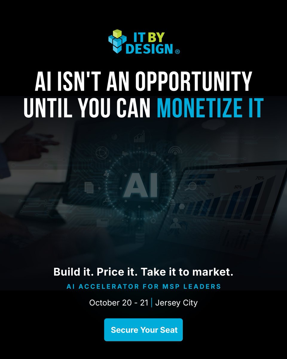 BuildIT_U's tweet photo. AI is everywhere. The question for MSPs is how to turn it into revenue. At the AI Accelerator, spend two days building an AI offering you can actually take to market. 

Oct 20–21, Jersey City. 

Secure your seat: https://t.co/PWrQu5FUlK

#AIAccelerator #MSPLeadership https://t.co/VF22B40Qam