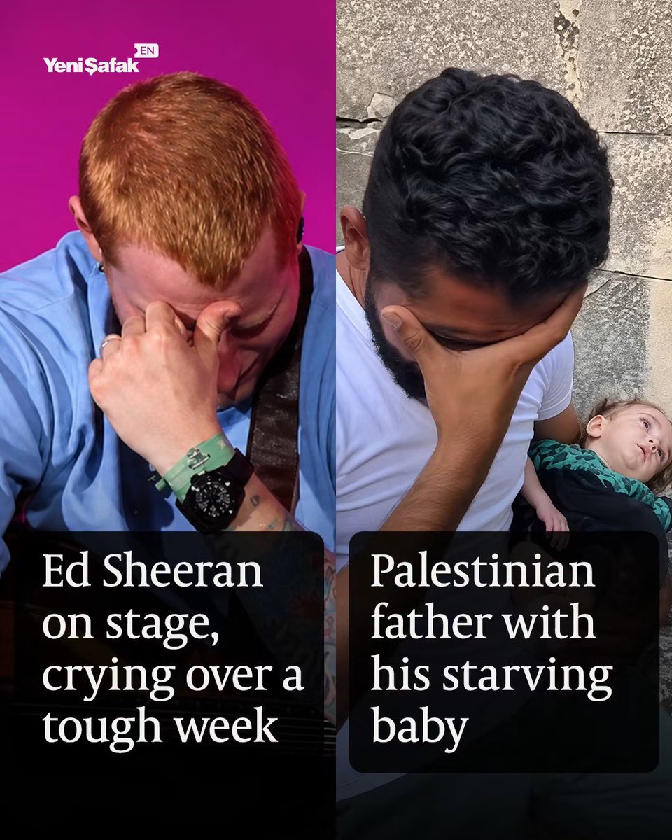 doamuslims's tweet photo. Ed Sheeran weeps on stage, reading a teleprompter apology for the "hardest week of his life" after caving to billionaire Robert Kraft and cutting Macklemore from his tour for saying "Free Palestine". 

Meanwhile, in Gaza, a Palestinian father holds his starving infant as Israel's blockade has caused infant formula stocks to nearly deplete, leaving newborns with severe malnutrition and preventable health complications.

The victim is not the pop star. The victim is the child and the helpless father.