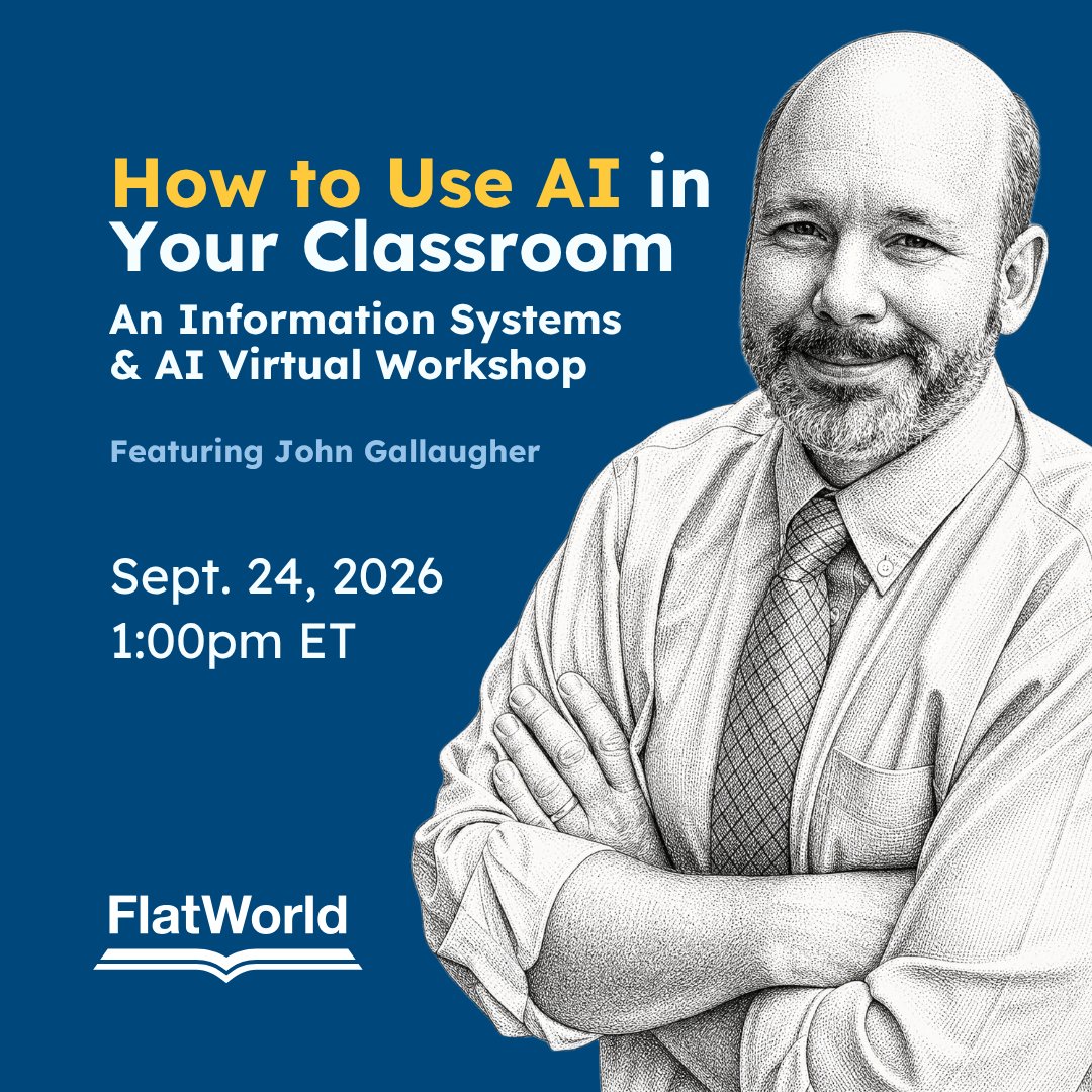 flat_world's tweet photo. TODAY at 1:00 PM Eastern! Join Professor John Gallaugher Live: 🔗 https://t.co/h5OMtqEqyh 

"How to Use AI in Your Classroom"

Registrants get the recording, but today's your only chance to ask Professor Gallaugher your own questions in real time. There's still time to register! https://t.co/YJ861WbuGX