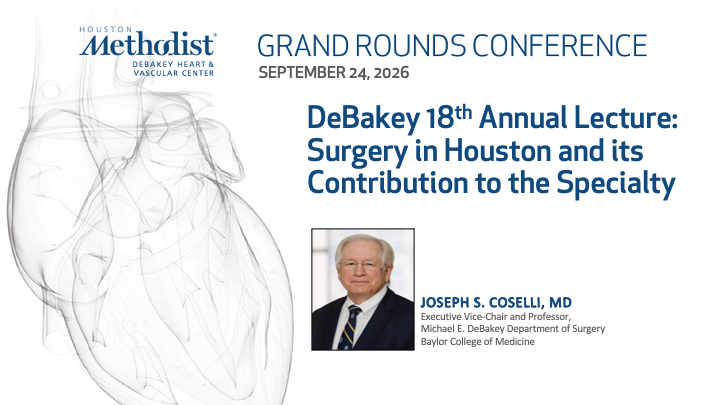 DeBakeyCVedu's tweet photo. LIVE IN ONE HOUR! Grand Rounds featuring Joseph S. Coselli, MD presenting “Cardiac Surgery in Houston and its Contribution to the Specialty.” 

Watch LIVE: https://t.co/FRl41WAWJl 
#HoustonMethodist #DeBakeyCVEdu #GrandRounds https://t.co/bpcxp12g5j