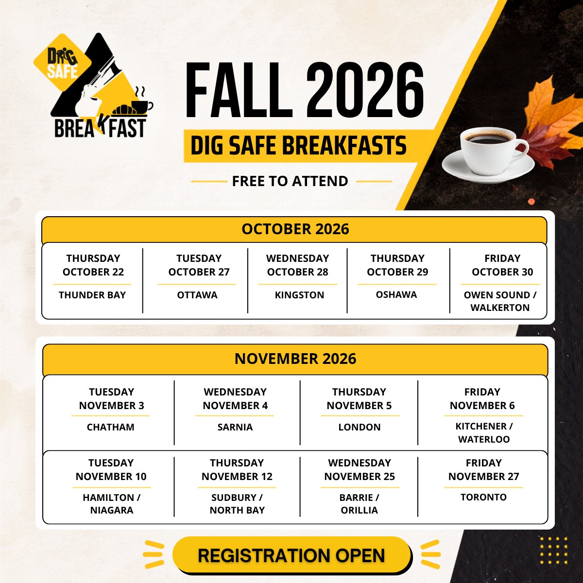 ORCGA's tweet photo. Have you registered for our Fall Dig Safe Breakfast Meetings yet?

Join us this fall for an opportunity to connect, learn, and start your day with the damage prevention community.

FREE to attend! REGISTER TODAY:
https://t.co/1KdgOehP5Y

#ORCGA #DigSafe https://t.co/D0PV0UEhYk