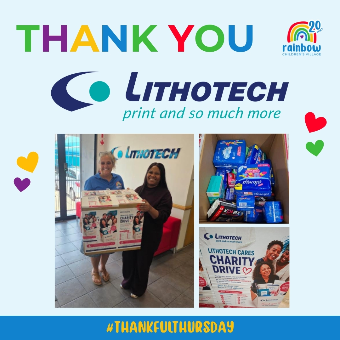RainbowCV1's tweet photo. 💛 Thankful Thursday 💛 Huge thanks to Lithotech for donating sanitary items to support our learners and Safe House girls. 🌸 #ThankfulThursday #RainbowChildrensVillage #Lithotech #GivingBack #WomensMonth #CommunitySupport #MakingADifference https://t.co/TdP0csYq5C