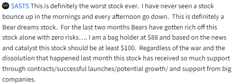 WeDoPunchHoes's tweet photo. $ASTS

Watch
 And for almost three years, come January, I’ve watched them lose their asses time after time. It’s all about perception, timing, and ultimately, entry. It’s not necessarily the stock itself as much as it is patience. If it was good at $88, and you admit all these good things about it, then it’s just as good, if not better, at $59.