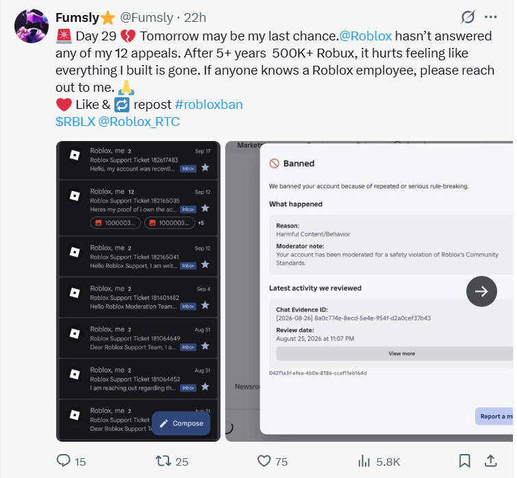 Maxz33Purityz's tweet photo. No updates on my side of things, people are still struggling with unecessary bans; Roblox needs to look into this. Their moderation is haywire. Please go show these people some support. @Roblox @Roblox_RTC #Roblox #banwave #Robloxbanwave 
@Fumsly @Serena46984075 https://t.co/2yK3SqmRCt