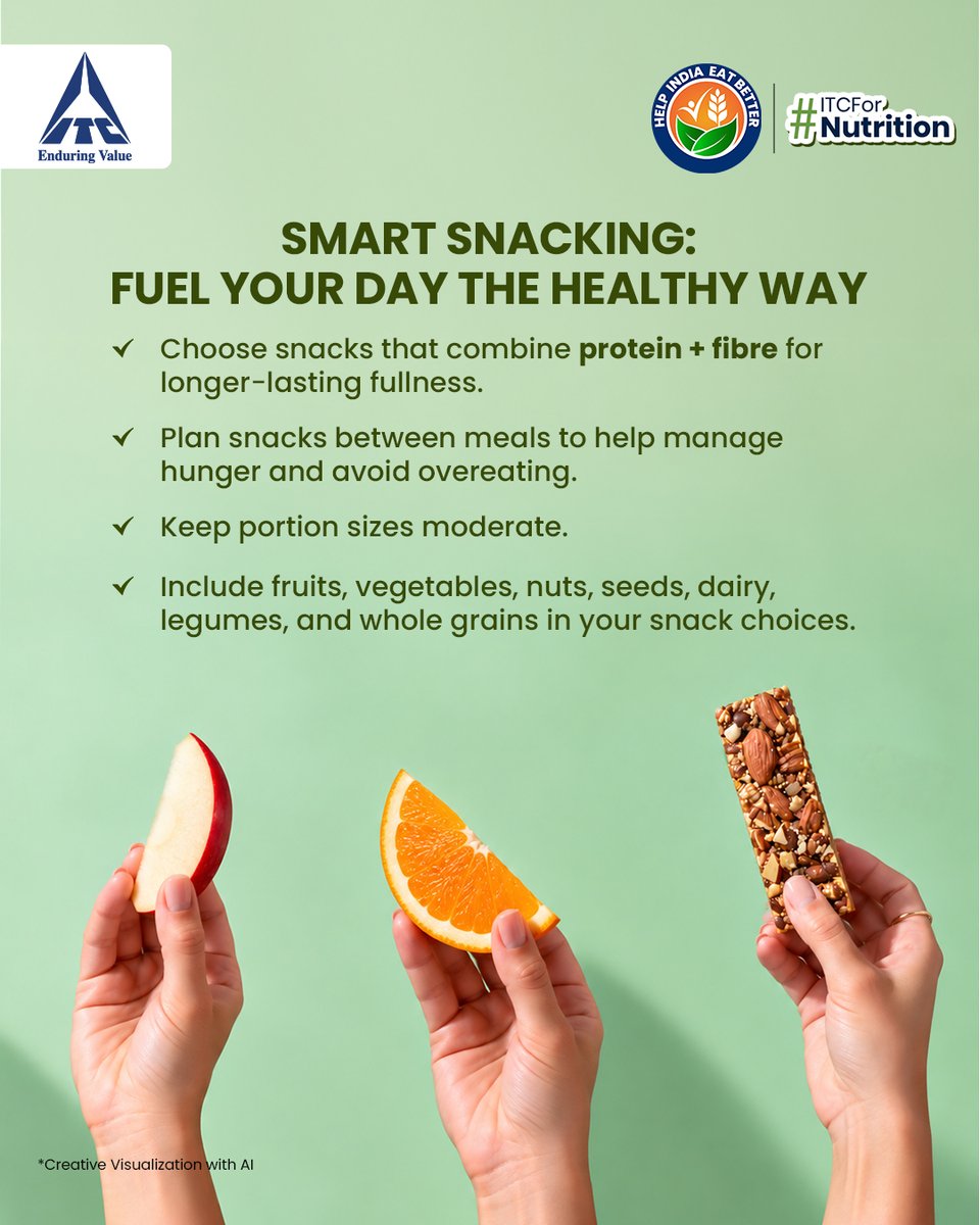 ITCCorpCom's tweet photo. #ITCForNutrition | Smart snacking made simple. 

What makes a smart snack? Protein, fibre and other important nutrients, along with the right portion.

Simple choices can make everyday snacking more nutritious. Nuts, seeds, whole grains, fruits, vegetables, dairy and legumes are some of the foods that can be part of a balanced snacking routine. 

From the House of ITC, Aashirvaad, 24 Mantra Organic, Yoga Bar & Sunfeast offer a wide range of smart snacking options.

Swipe through the carousel for simple tips and save it for your daily reference.

#HelpIndiaEatBetter #TheITCWay #SmartSnacking  #FromTheHouseOfITC
#PoshanMaah2026 (1/2)