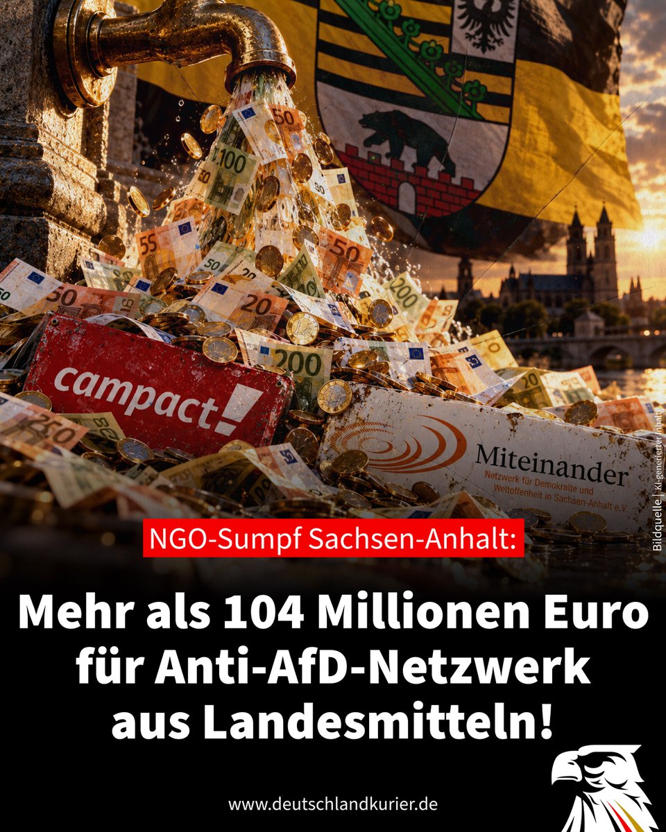 Deu_Kurier's tweet photo. NGO-Sumpf Sachsen-Anhalt: Mehr als 104 Millionen Euro für Anti-AfD-Netzwerk aus Landesmitteln!

Jetzt haben wir es schwarz auf weiß: Eine Kleine Anfrage des AfD-Landtagsabgeordneten @GordonKoehlerJL an die gerade abgewählte Landesregierung von Sachsen-Anhalt brachte ans Licht, dass der linke NGO-Komplex zwischen dem 1. Januar 2024 und dem 30. Juni 2026 rund 104,5 Millionen Euro nur aus Landesmitteln für seine Agitation gegen die AfD kassierte. Hinzu kommen weitere Millionen vom Bund.

Die Mittel flossen demnach über verschiedene Förderungen an insgesamt 88 Empfänger, von denen ein großer Teil in dem Bündnis „Sachsen-Anhalt. Weltoffen!“ organisiert war. So erhielt etwa der Verein „Miteinander e. V.“ im oben genannten Zeitraum rund sieben Millionen Euro Projektfinanzierung, davon kamen fast fünf Millionen aus Bundesmitteln.

Nach Angaben der Landesregierung lagen den Verfassungsschutzbehörden seit über einem Jahr Erkenntnisse zu Personen vor, die bei dem staatlich geförderten Verein beschäftigt waren und „linksextremistischen Bestrebungen“ zugeordnet wurden. Die zuständigen Ressorts der Landesregierung wollen davon keine Kenntnis gehabt haben.

Interessant auch: Der linksgrüne Kampagnen-Verein „Campact“ wandte sich im Juli 2026 an die Landeswahlleiterin und erkundigte sich nach dem konkreten Verfahren und dem Ablauf der Briefwahl zur Landtagswahl am 6. September. Auch bei einer Landratswahl hatte die politische Einflussnahme durch „Campact“ zuvor die Wahlbehörden beschäftigt.

FAZIT: Aus der Antwort der noch amtierenden Landesregierung ergibt sich eindeutig, welche finanziellen Interessen berührt wären, wenn eine künftige AfD-Landesregierung diesen Fördersumpf austrocknen würde. Denn es ist ganz offensichtlich: Diesen Organisationen geht es nicht um „Weltoffenheit“ oder "die Demokratie" - es geht ihnen schlichtweg um geldwerte Polit-Agitation!

@AfD_LSA | @AfDFraktionLSA
