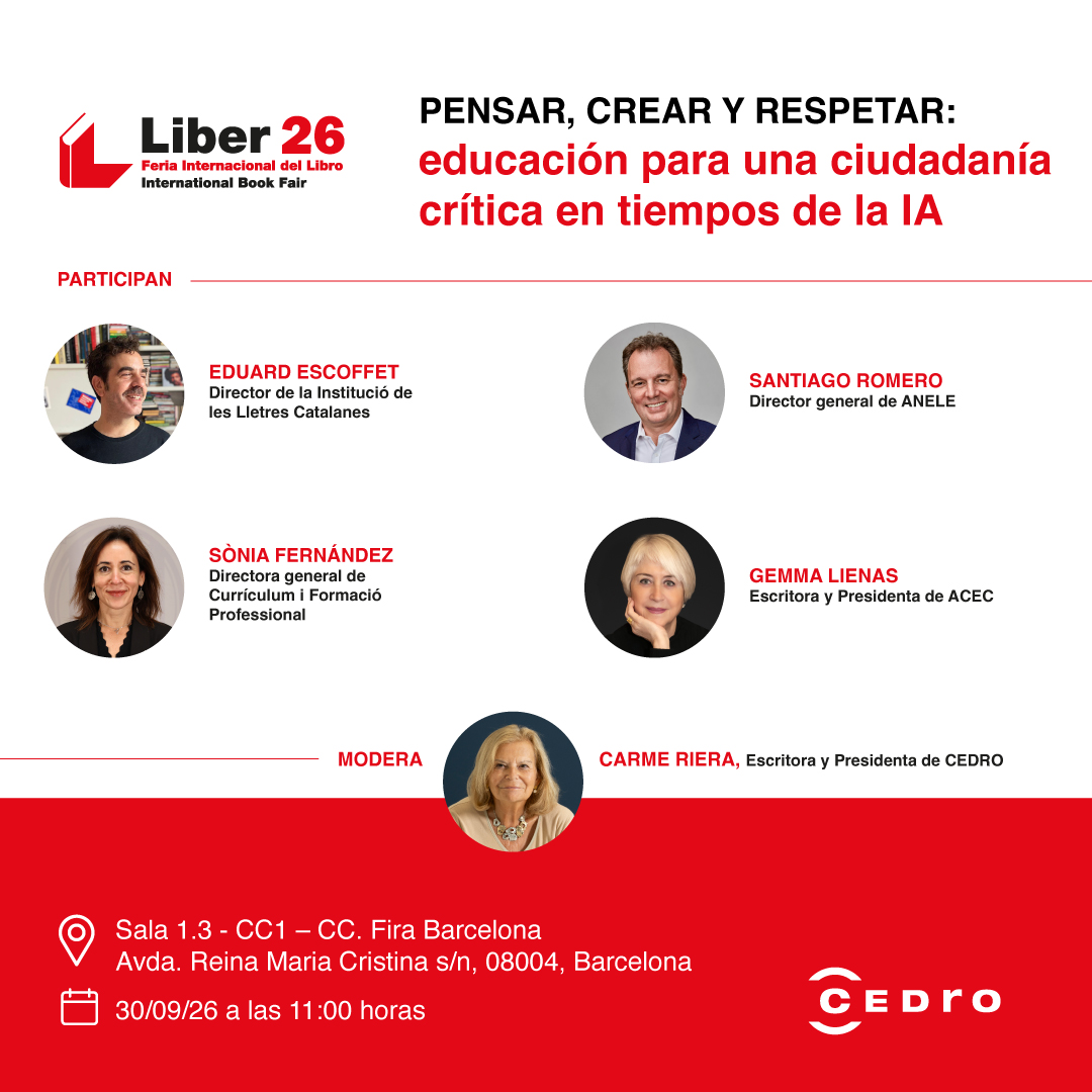 CEDROenlinea's tweet photo. 🔄 Actualización de ponentes
¿Cómo educar en el respeto a la creación, al conocimiento y a los #derechosdeautor en tiempos de #IA?
Lo debatiremos en #Liber2026 junto a Eduard Escoffet (@escoffet), director de la Institució de les Lletres Catalanes (@lletres); Sònia Fernández, directora general de Currículum i Formació Professional del Departamento de Educación de Cataluña (@educaciocat); Gemma Lienas (@_ACEC) y Santiago Romero (@RedANELE).
Modera: Carme Riera, presidenta de CEDRO.
📍 Sala 1.3 - CC1
📅 30 de septiembre
⏰ 11:00 h
#PropiedadIntelectual #DerechosDeAutor #Educación