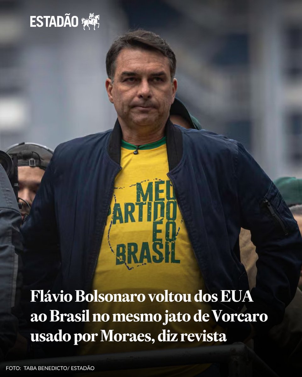 Estadao's tweet photo. AVIÃO DE VORCARO ✈️ Flávio Bolsonaro voltou dos EUA ao Brasil no mesmo jato do dono do Master usado por Moraes, diz revista; candidato não se manifestou → https://t.co/Ri1ExyPz1H https://t.co/Zhpbgl2QGw