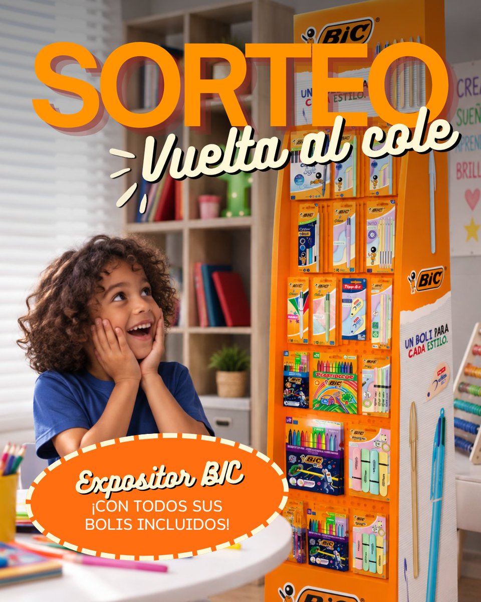 Coviran's tweet photo. ✏️💚 ¡SORTEO VUELTA AL COLE BIC x COVIRÁN!

Hay vueltas a la rutina que se llevan mucho mejor con 133 razones para estrenar material 😏🖊️

Sorteamos un expositor BIC con 133 productos entre todos los participantes de Instagram, Facebook y X. Bolígrafos, rotuladores, lápices, marcadores, Plastidecor, Tipp-Ex y mucho más para compartir… o para que te dure unas cuantas vueltas al cole. 🎒✨

¿Cómo participar?
1️⃣ Sigue a Covirán.
2️⃣ Comenta etiquetando a la persona o personas con las que disfrutarías este premio.
3️⃣ Y si quieres, ¡compártelo en stories! 💚

📅 Puedes participar del 22 de septiembre al 4 de octubre a las 23:59 h.
🏆 Habrá un único ganador/a entre todas las participaciones recibidas en Instagram, Facebook y X.

¿Preparado para darle color a la vuelta a la rutina? 🖍️💚

Bases legales: https://t.co/pA1rEi08c5

#CoviranSupercercanos #SorteoCovirán #BIC #VueltaAlCole