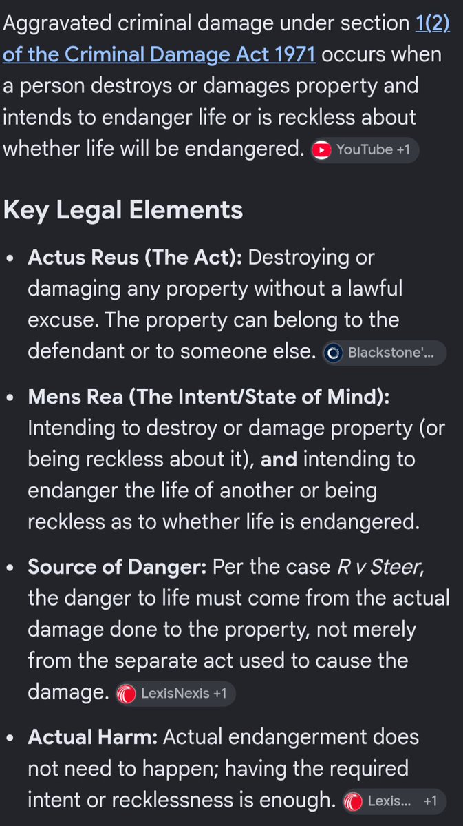 any1lefthere's tweet photo. @MarkHeath45 @Chelsishere2 Wearing a life jacket doesn't matter. 

Endangering life under aggravated criminal damage is a statutory offence so it doesnt need to be proven there was actually danger to life or not. The fact he acted wrecklessly is enough to prove guilt (Mens Rea). https://t.co/VnGbsYjVNf