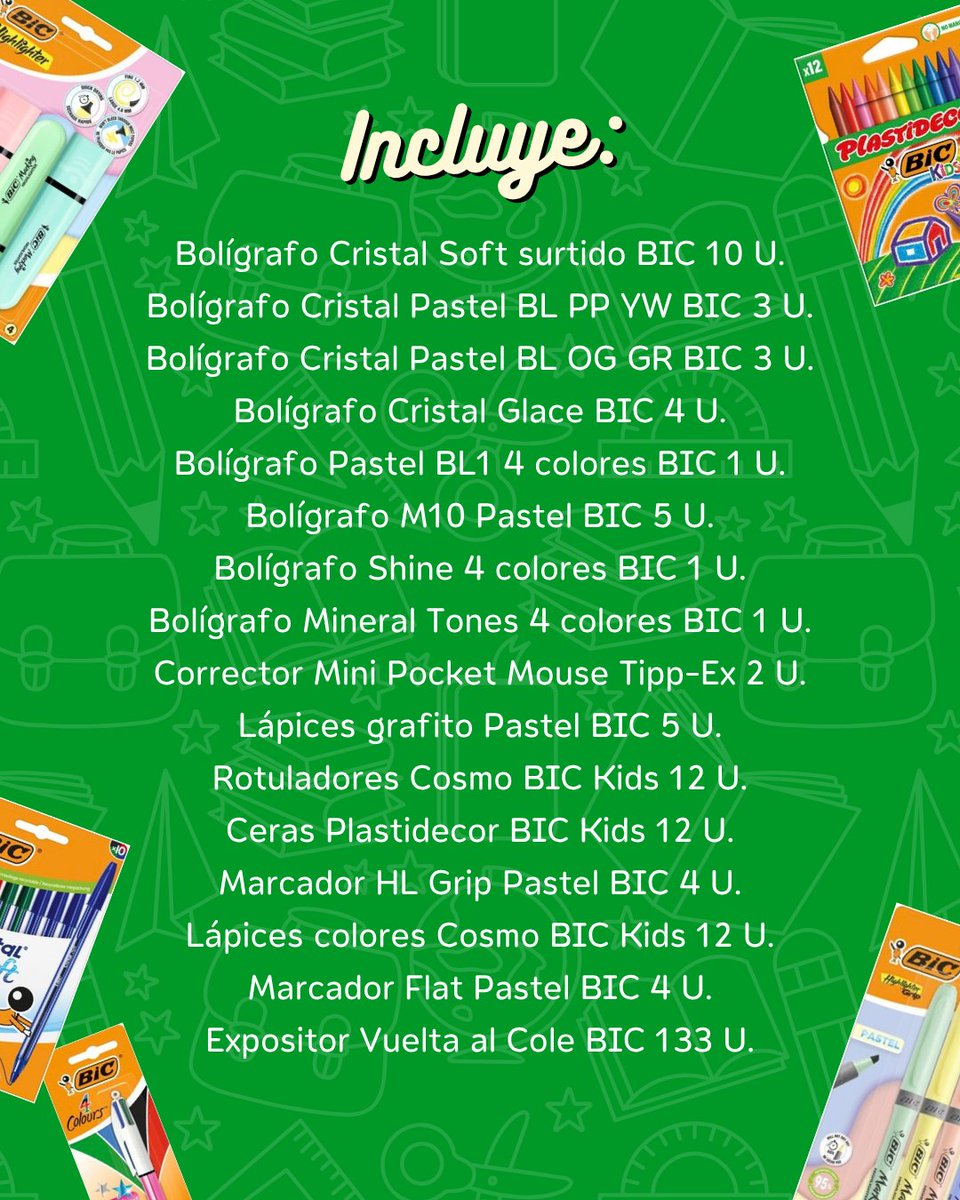 Coviran's tweet photo. ✏️💚 ¡SORTEO VUELTA AL COLE BIC x COVIRÁN!

Hay vueltas a la rutina que se llevan mucho mejor con 133 razones para estrenar material 😏🖊️

Sorteamos un expositor BIC con 133 productos entre todos los participantes de Instagram, Facebook y X. Bolígrafos, rotuladores, lápices, marcadores, Plastidecor, Tipp-Ex y mucho más para compartir… o para que te dure unas cuantas vueltas al cole. 🎒✨

¿Cómo participar?
1️⃣ Sigue a Covirán.
2️⃣ Comenta etiquetando a la persona o personas con las que disfrutarías este premio.
3️⃣ Y si quieres, ¡compártelo en stories! 💚

📅 Puedes participar del 22 de septiembre al 4 de octubre a las 23:59 h.
🏆 Habrá un único ganador/a entre todas las participaciones recibidas en Instagram, Facebook y X.

¿Preparado para darle color a la vuelta a la rutina? 🖍️💚

Bases legales: https://t.co/pA1rEi08c5

#CoviranSupercercanos #SorteoCovirán #BIC #VueltaAlCole