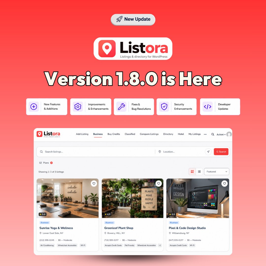 wbcomdesigns's tweet photo. Listora v1.8.0 is live.
Improved listing management, address selection, credits and payments, reviews, search, mobile usability, and security.
https://t.co/Lt9VTC5LsF
#Listora #WordPress #DirectoryPlugin #WordPressPlugin #WbcomDesigns https://t.co/RsfkenlUxX