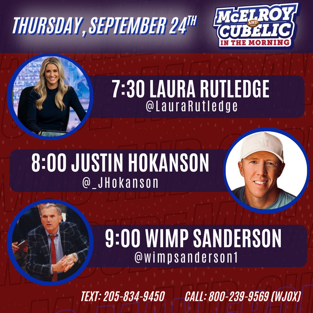 macandcube's tweet photo. Thursday #MacandCube

7:30 @LauraRutledge 
8:00 @_JHokanson 
9:00 @wimpsanderson1 

@WJOX945 
https://t.co/agNgyjlhn3 https://t.co/Dx0v3qLdxP