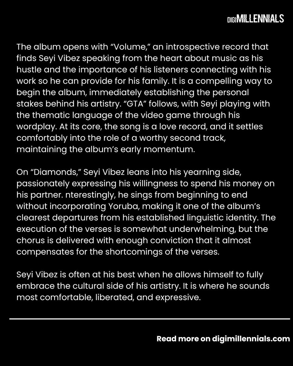 DigiMillennials's tweet photo. "SWAGUU"is a bold expansion of Seyi Vibez’s sound, moving through street-hop, soul, Mara and trap while exploring the tension between experimentation and the cultural identity at the core of his artistry. 

✍🏾: @justabdulmuqsit and @kidafirstson https://t.co/AYRnnIOLtI