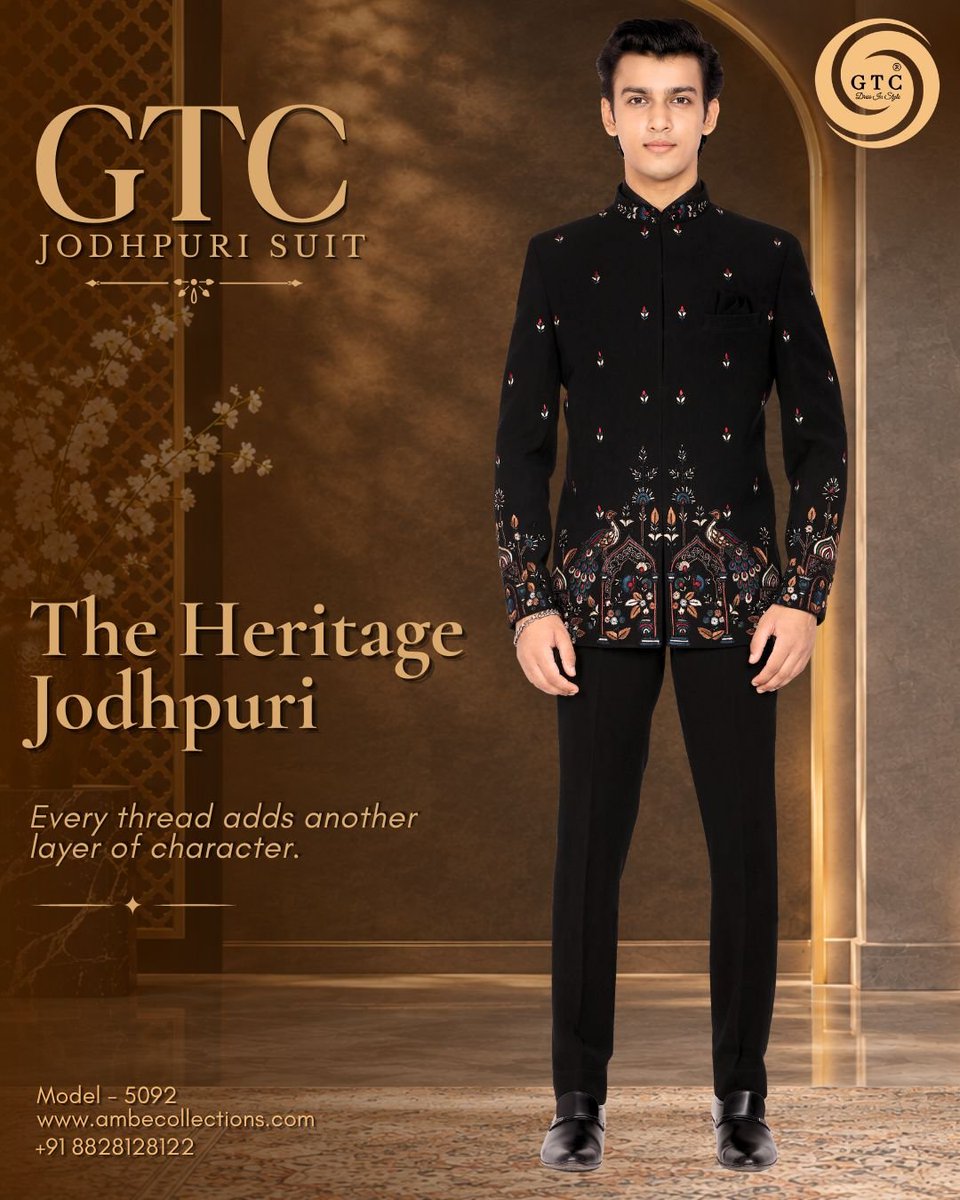 kkashishza's tweet photo. A regal GTC- Jodhpuri Suit where timeless black meets exquisite embroidered artistry. Intricate peacock motifs and delicate florals  embodies grandeur 🦚✨

📍 Made-to-Measure
🌍 Worldwide Shipping Available
📩 DM or WhatsApp us on +91 8828128122

#JodhpuriSuit #MensEthnicWear https://t.co/vdJDxfJPP8