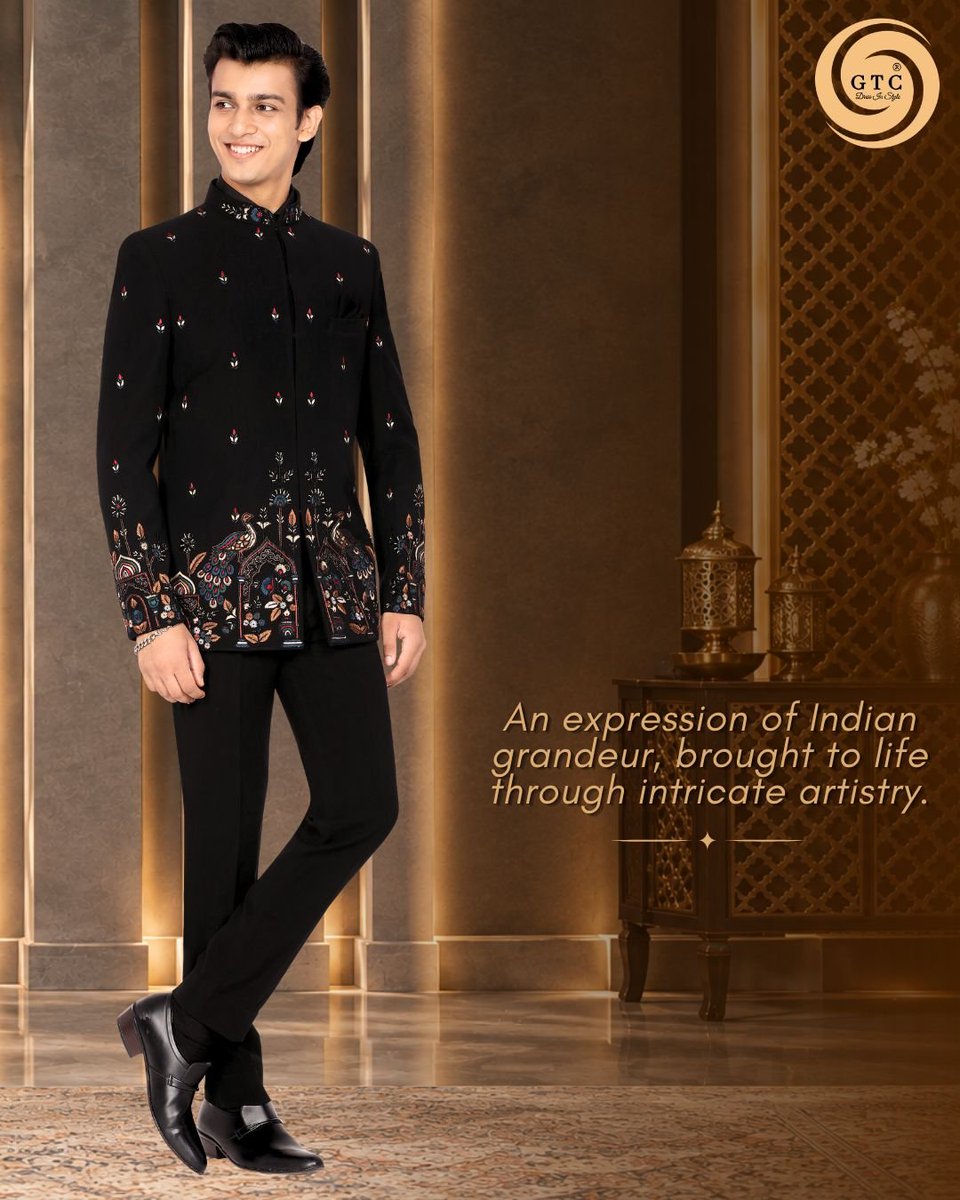 kkashishza's tweet photo. A regal GTC- Jodhpuri Suit where timeless black meets exquisite embroidered artistry. Intricate peacock motifs and delicate florals  embodies grandeur 🦚✨

📍 Made-to-Measure
🌍 Worldwide Shipping Available
📩 DM or WhatsApp us on +91 8828128122

#JodhpuriSuit #MensEthnicWear https://t.co/vdJDxfJPP8
