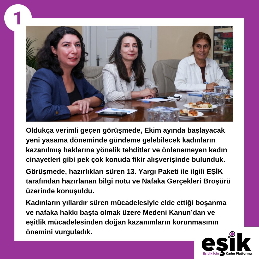esikplatformu__'s tweet photo. 🟣EŞİK Platformu olarak, 23 Eylül 2026'da DEM Parti Genel Merkezi'nde (@DEMGenelMerkezi) Eş Genel Başkan Adana Milletvekili Tülay Hatimoğulları (@TulayHatim); Diyarbakır Milletvekili ve Kadın Meclisi Sözcüsü Halide Türkoğlu (@Halide_Turkoglu) ve Kadın Meclisi Koordinasyon Üyesi Fatma Koçyiğit (@DemPartiKadin) ile bir görüşme gerçekleştirdik.

🚺Oldukça verimli geçen görüşmede, Ekim ayında başlayacak yeni yasama döneminde gündeme gelebilecek kadınların kazanılmış haklarına yönelik tehditler ve önlenemeyen kadın cinayetleri gibi pek çok konuda fikir alışverişinde bulunduk.

📌Görüşmede, hazırlıkları süren 13. Yargı Paketi ile ilgili EŞİK tarafından hazırlanan bilgi notu ve Nafaka Gerçekleri Broşürü üzerinde konuşuldu.

🗨️Kadınların yıllardır süren mücadelesiyle elde ettiği boşanma ve nafaka hakkı başta olmak üzere Medeni Kanun’dan ve eşitlik mücadelesinden doğan kazanımların korunmasının önemini vurguladık.

🟣Gündemdeki 13. Yargı Paketi ile başta nafakanın sınırlandırılması olmak üzere, boşanma süreçlerini erkekler lehine hızlandırmaya yönelik düzenlemeler ile kadınların aile hukukundaki kazanılmış haklarını geriletebilecek diğer düzenlemeler karşısında yapılabilecekler ve olası işbirliği olanaklarını ele aldık.

🟣Kadınların eşit yurttaşlığını ve yıllar süren mücadelelerle kazanılmış olan haklarını geriye götürecek her türlü düzenlemenin karşısında; eşitlik, özgürlük ve yaşam hakkı için mücadelemizi sürdüreceğiz.

Hayatlarımızdan, haklarımızdan, hayallerimizden vazgeçmeyeceğiz.