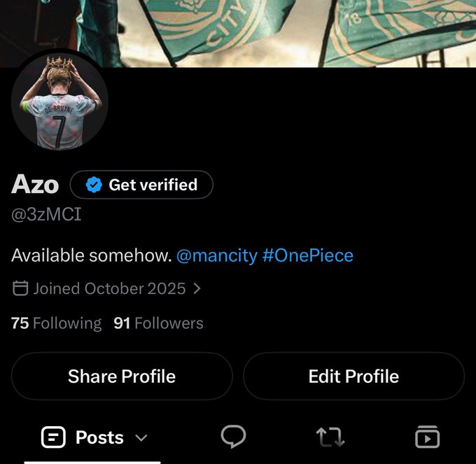 An X (Twitter) profile screenshot for a verified user named 'Azo' (@3zMCI) with the bio 'Available somehow. @mancity #OnePiece', showing 91 followers and a banner with Manchester City flags.