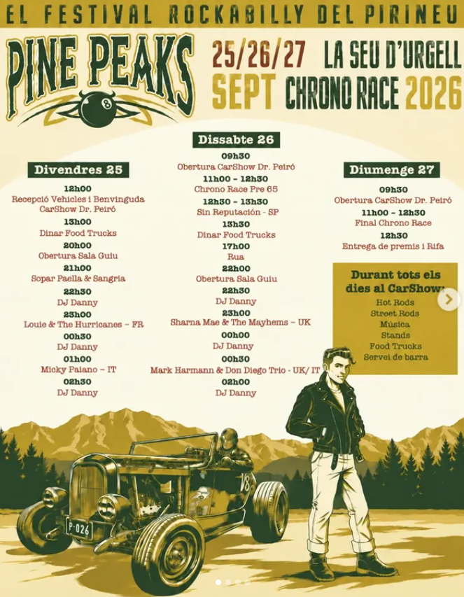RadioSeu's tweet photo. El festival #PinePeaks torna a portar a #laSeu, aquest cap de setmana, la música #rockabilly i desenes de cotxes clàssics nord-americans. #AltUrgell #Pirineu #rock #classiccars + informació: https://t.co/miBcNUIujS https://t.co/gEWzoCoxB3