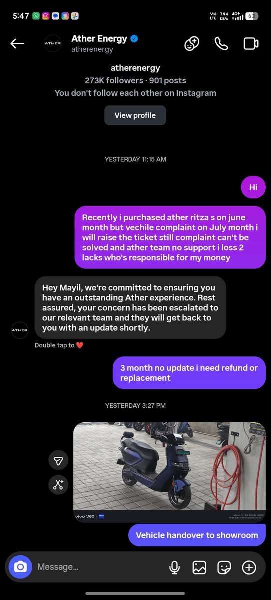 MayilArasu4's tweet photo. @atherenergy  unga office la staff ellam irukangala iruntha enaku kojam update pana sollunga bangalore la office iruku thana complaint ready aagula replacement illa seri refund pannunga  enaku one month intrest loss and one month petrol allowance nenga tha responsible https://t.co/zoCw3tEAhB